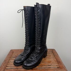 OVVIO Black Leather Lace-Up Knee-High Tall Riding Boots EU 40